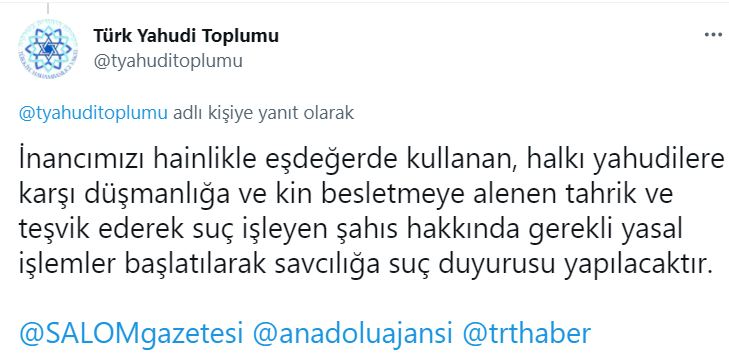 Turkish Jewish Community's Twitter post