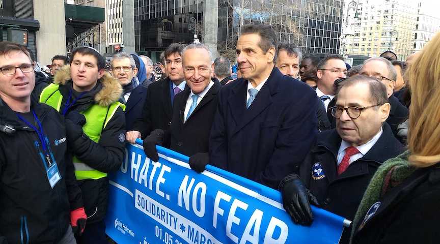 From right: Rep. Jerrold Nadler, Gov. Andrew Cuomo, Sen. Chuck Schumer, UJA-Federation CEO Eric Goldstein and Jewish Community Relations Council CEO Michael Miller kick off the march against anti-Semitism in New York City on January 5. (Ben Sales)